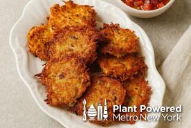 Turnip Latkes with Red Pepper Relish, Plant Powered Metro New York Logo