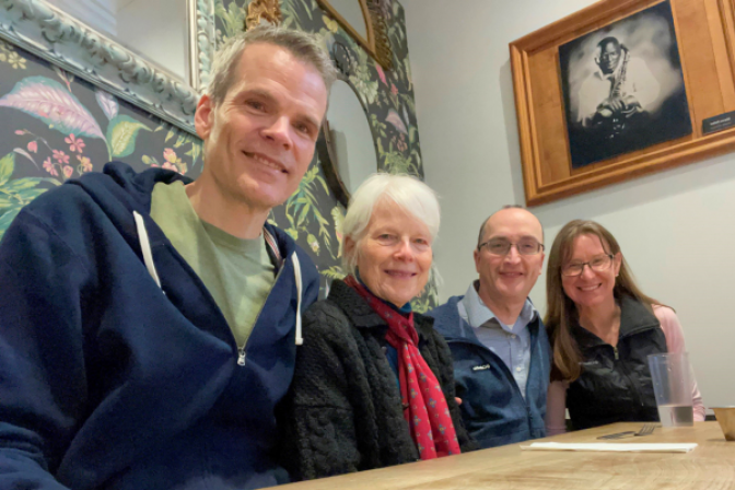 Will with his mom and friends at dinner sixteen days after surgery