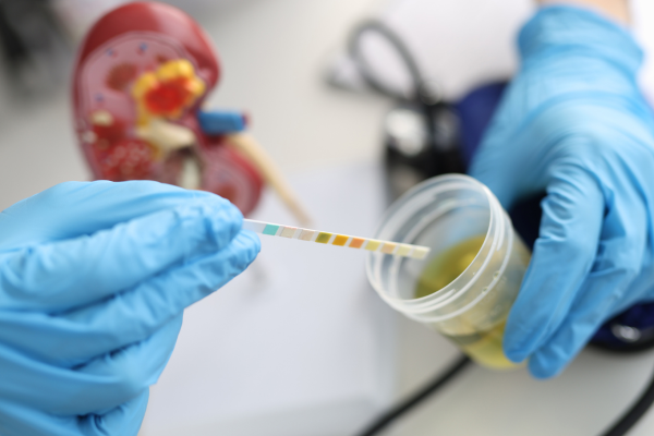 Doctor wearing medical gloves testing urine