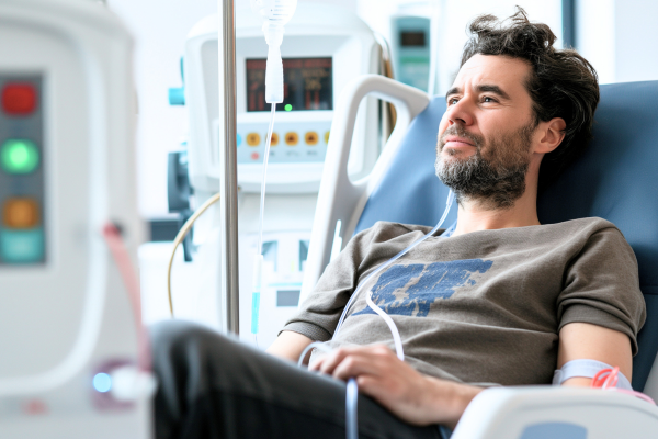 Adult in dialysis clinic chair