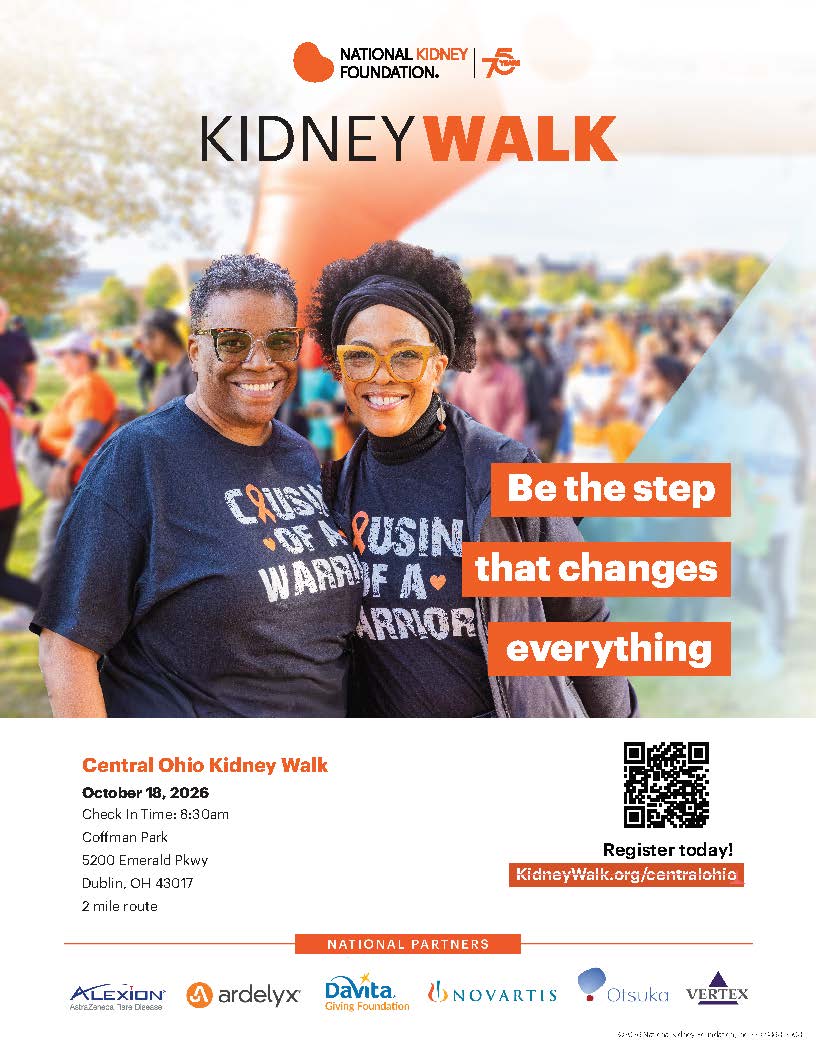 Columbus Kidney Walk Information Flyer with two walkers pictured