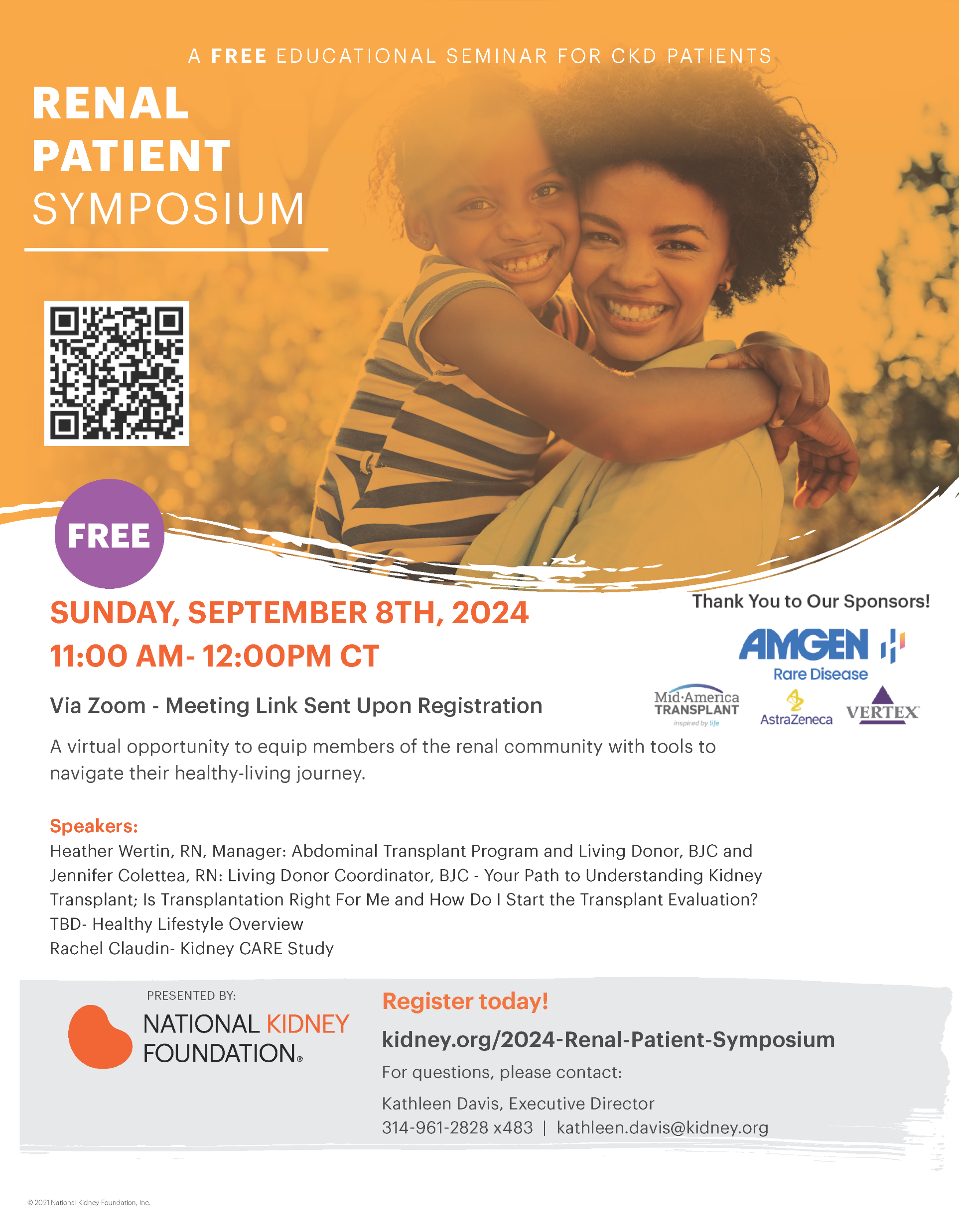 Informational brochure on the Renal Patient Symposium with photo of two people smiling.