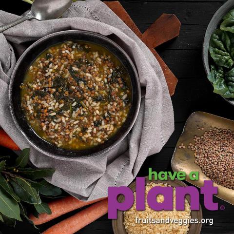 Bowl of One Pot Lentil Soup surrounded by raw ingredients and 'Have a Plant fruitsandveggies.org' Logo in the lower right corner.