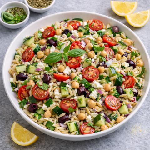 Greek salad with orzo, tomatoes, cucumbers, feta, chickpeas, and olives