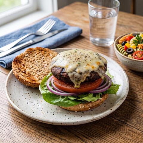 Portobello mushroom burger topped with swiss cheese, on a whole wheat bun, with tomato, lettuce and red onion.