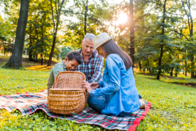 Two adults having a picnic with a child