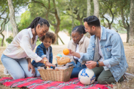 Family of four having an enjoyable picnic outdoors