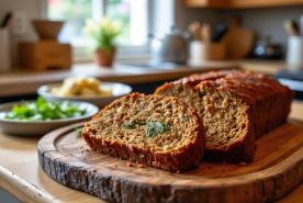 slices of vegan meatloaf on a cutting board in a kitchen