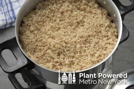 Bulgar wheat steamed in pot, Plant Powered Metro New York logo