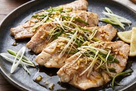 baked Japanese-style red snapper fillets with ginger, scallion, lemon