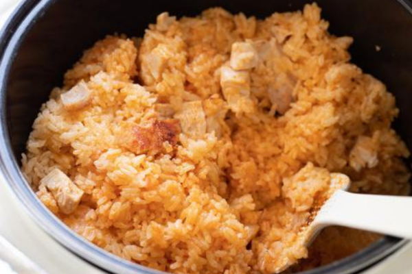 Bowl of chicken and rice with spoon