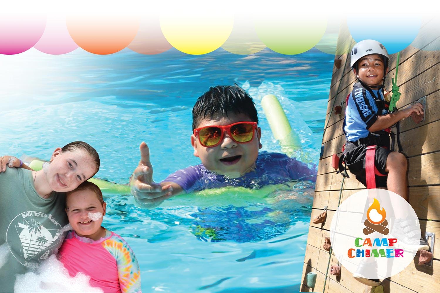 Collage of kids having fun at Camp ChiMer with the Camp ChiMer logo