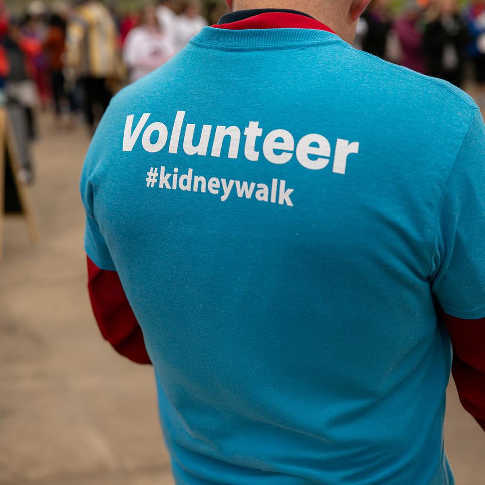 The back of a "Volunteer #kidneywalk" t-shirt