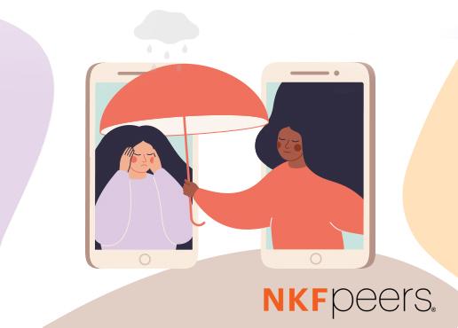 person offering support to another person through the phone, NKF Peers logo