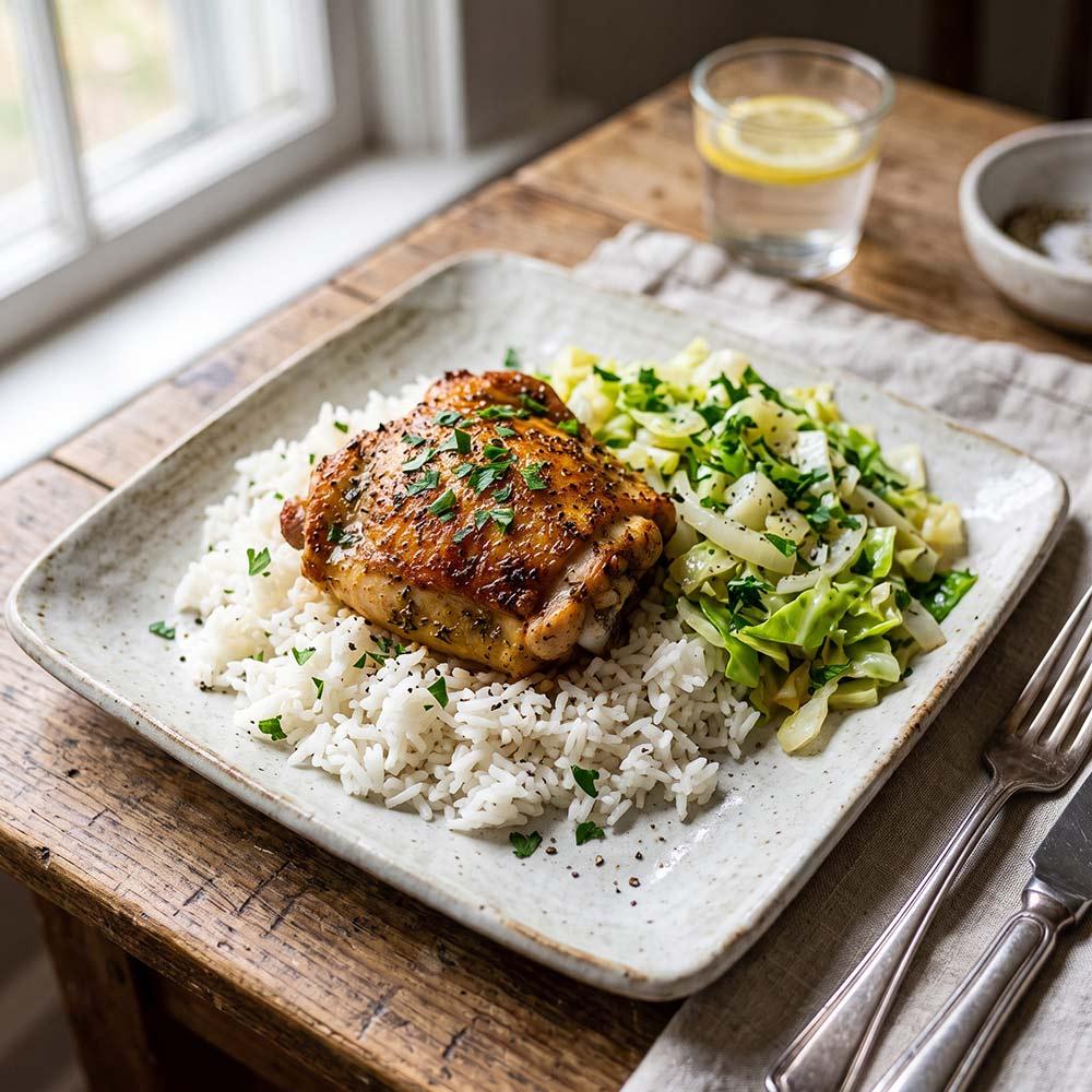 Herb baked chicken over rice with a side of cabbage