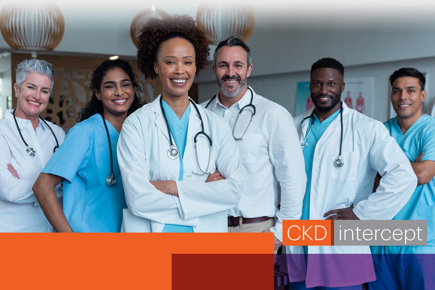 care team smiling and looking at camera, with CKD intercept logo