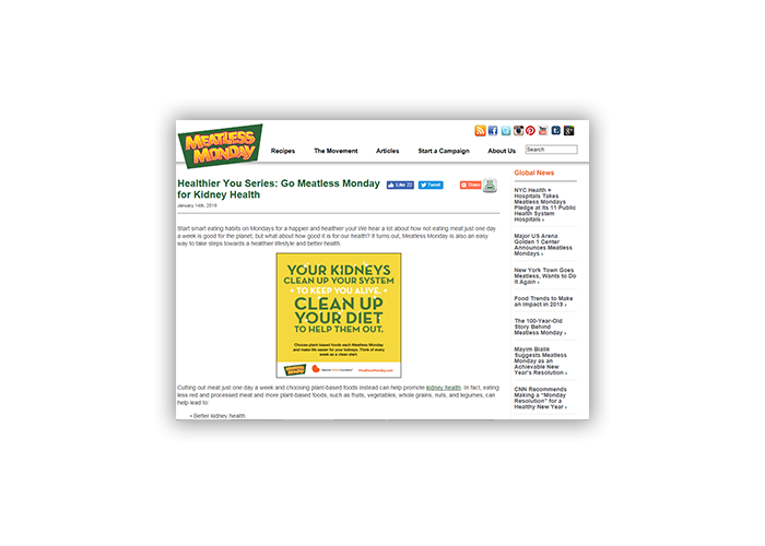 screenshot of Meatless Monday website with an NKF/MM branded graphic