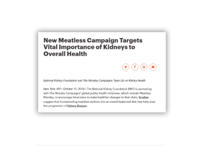 screenshot of a blog post on kidney.org about Meatless Monday