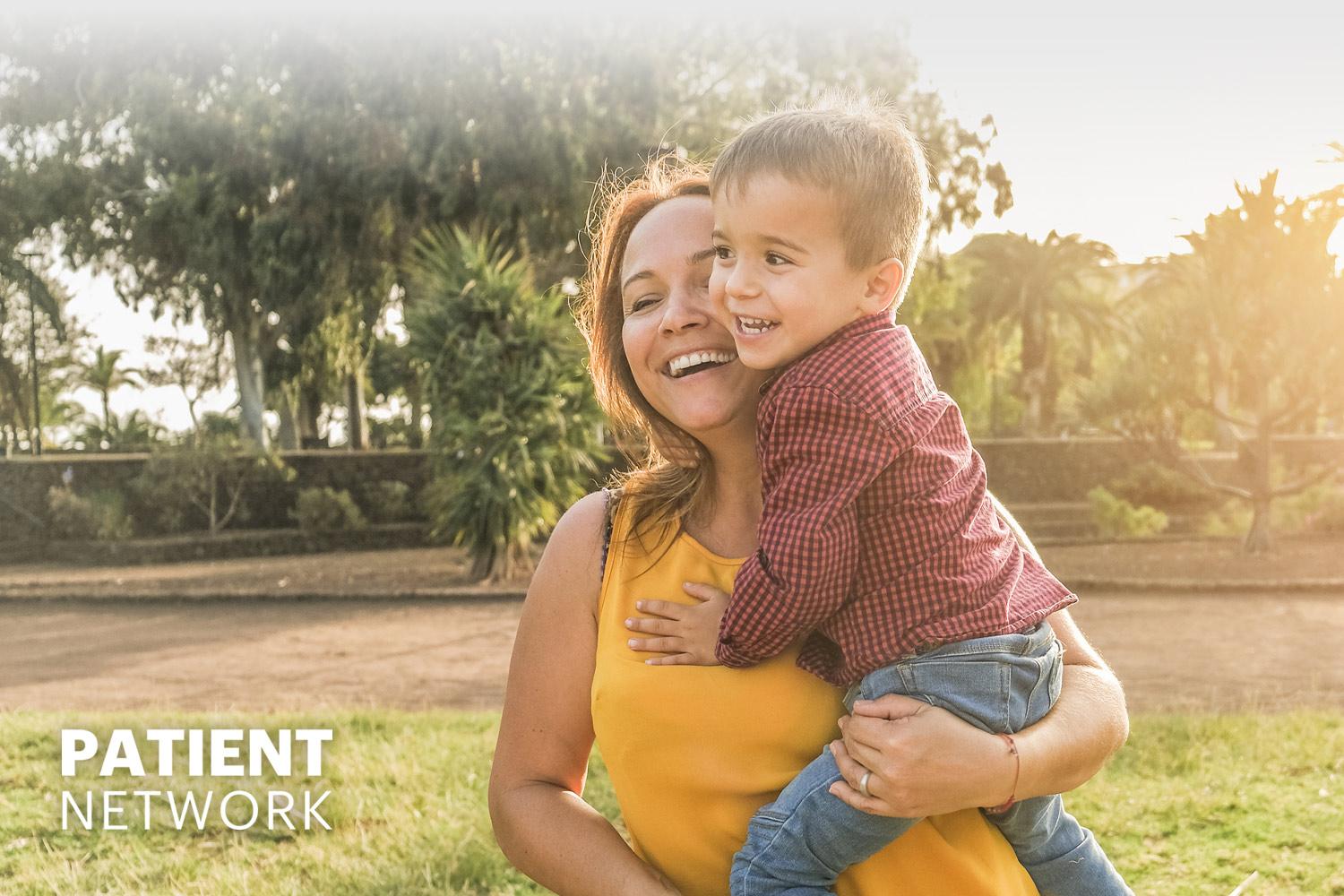 Mom and son hugging and enjoying the day, with Patient Network logo