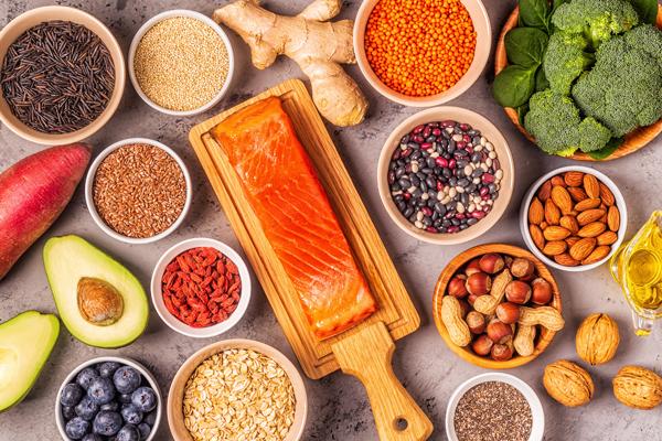 various superfoods displayed on a countertop